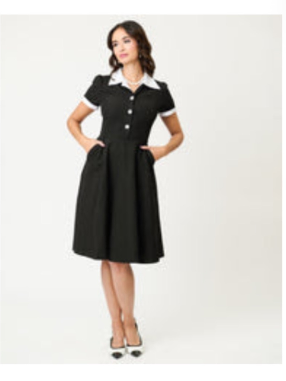 Unique Vintage Black Midi Dress with White Collar and Cuff Trim